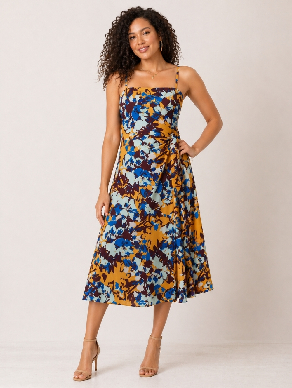 Prabal Gurung x RTR Vibrant Mustard Blue Floral Side Ruffle Dress Size 8